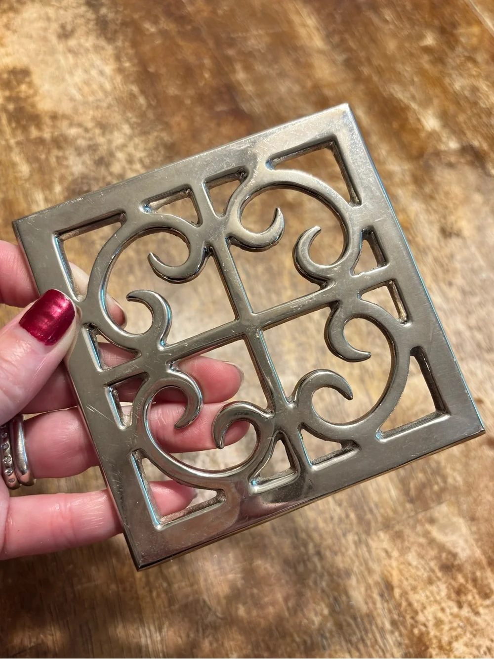 Vintage Silver Tone Metal Trivet Ornate Scrollwork Footed 4.25” Square
